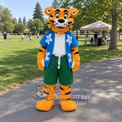 Orange Tiger Mascot Costume with Blue Floral Shirt and Green Shorts Orange Tiger Mascot Costume with Blue Floral Shirt and Green Shorts