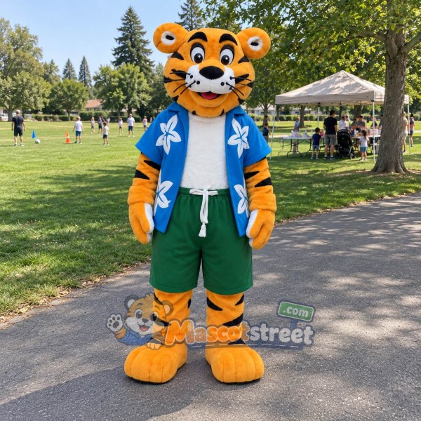 Orange Tiger Mascot Costume with Blue Floral Shirt and Green Shorts