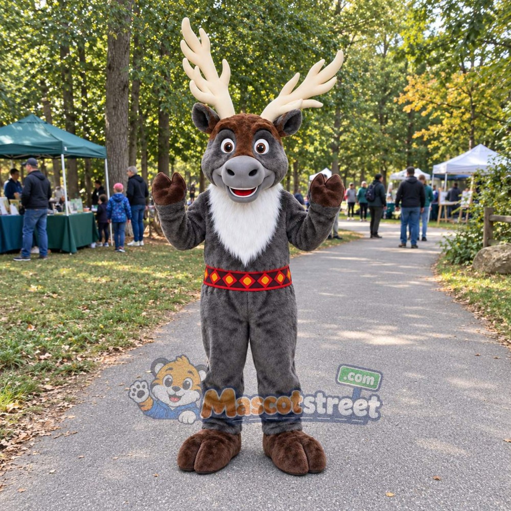 Gray Reindeer Mascot Costume with Red Collar