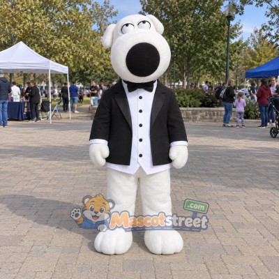 White Dog Mascot Costume with Black Tuxedo Jacket