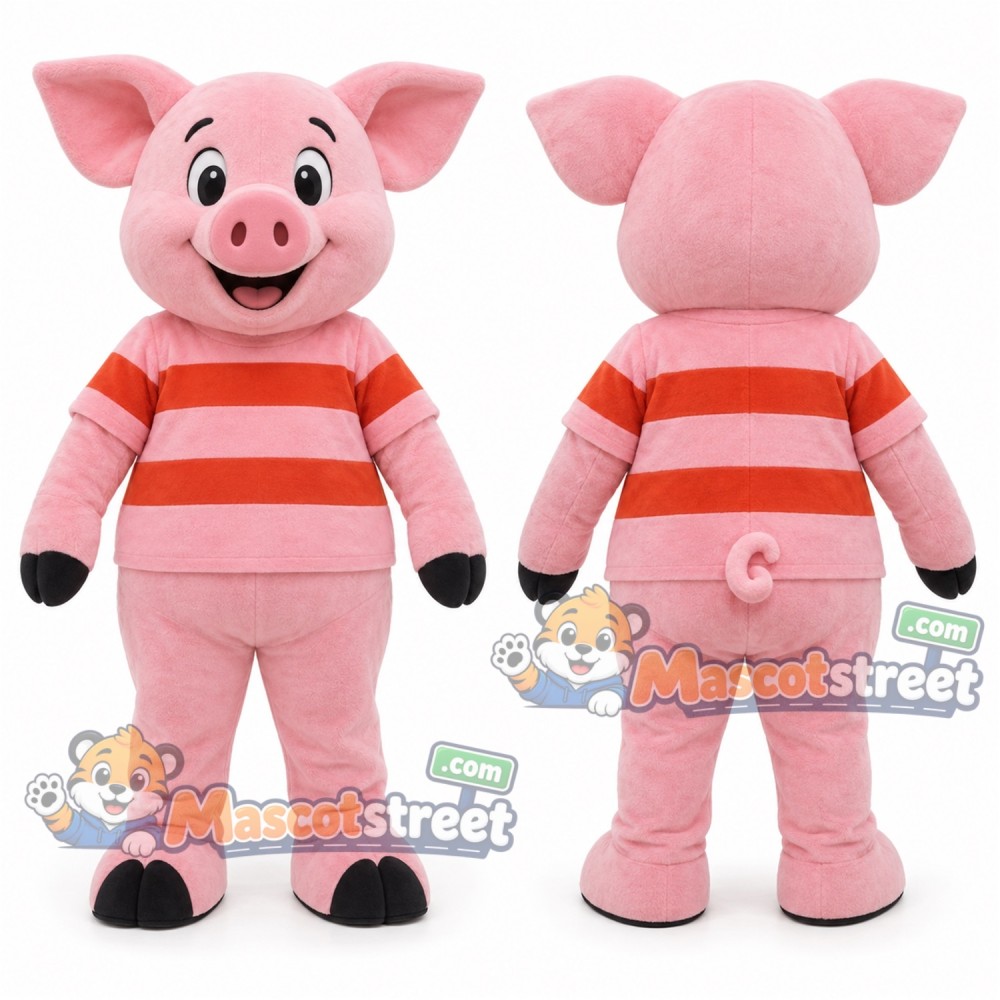 Pink Pig Mascot Costume with Pink and Red Striped Sweater