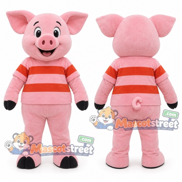 Pink Pig Mascot Costume with Pink and Red Striped Sweater