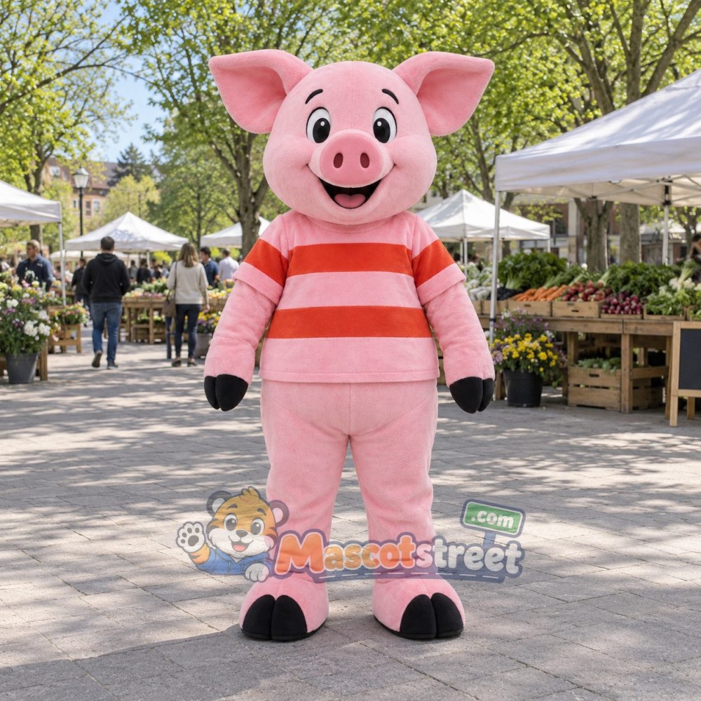 Pink Pig Mascot Costume with Pink and Red Striped Sweater Pink Pig Mascot Costume with Pink and Red Striped Sweater
