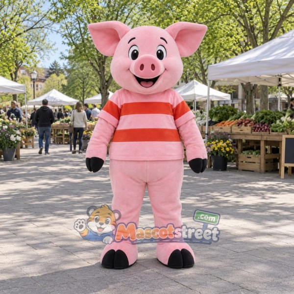 Pink Pig Mascot Costume with Pink and Red Striped Sweater