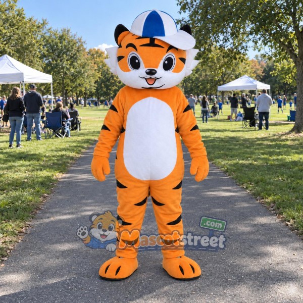 Orange Tiger Mascot Costume with Blue Cap
