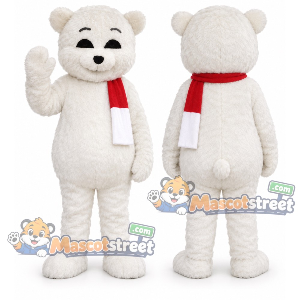 White Polar Bear Mascot Costume with Red and White Scarf White Polar Bear Mascot Costume with Red and White Scarf