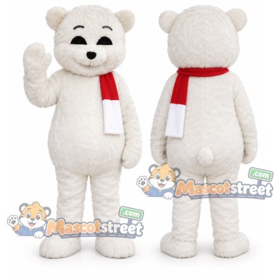 White Polar Bear Mascot Costume with Red and White Scarf White Polar Bear Mascot Costume with Red and White Scarf
