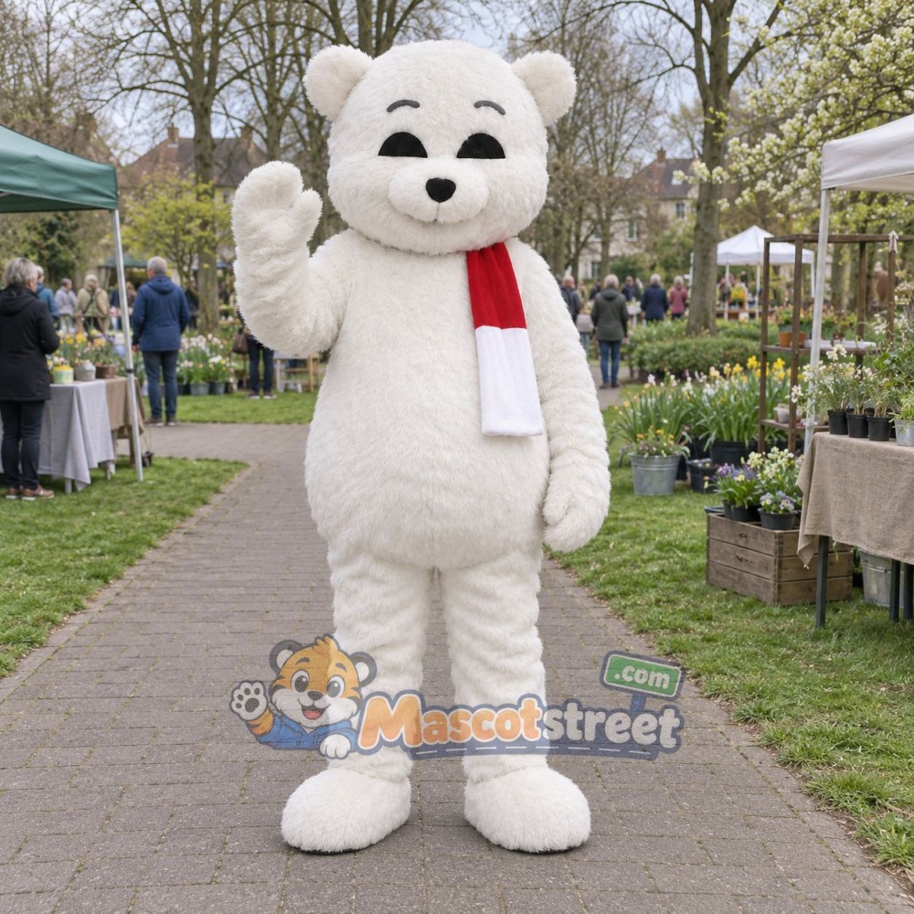 White Polar Bear Mascot Costume with Red and White Scarf White Polar Bear Mascot Costume with Red and White Scarf