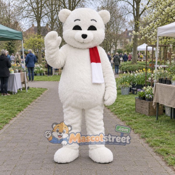 White Polar Bear Mascot Costume with Red and White Scarf