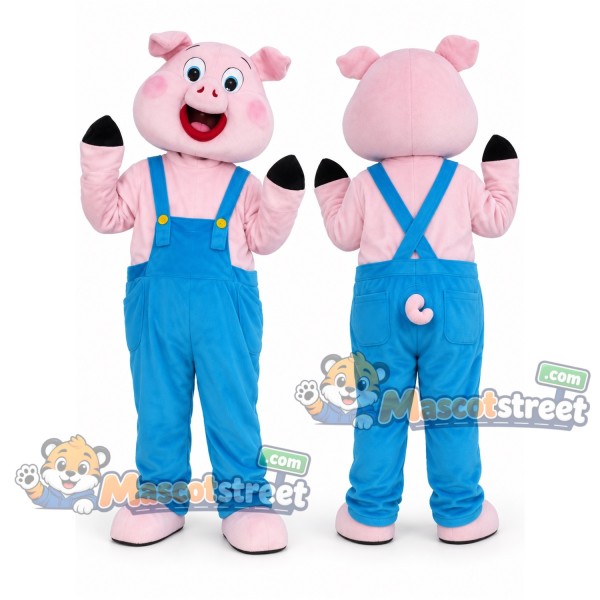 Pink Pig Mascot Costume with Blue Overalls