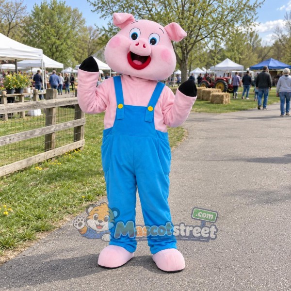 Pink Pig Mascot Costume with Blue Overalls