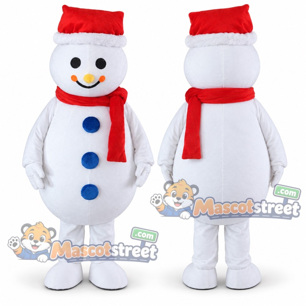 Snowman Mascot Costume with Santa Hat and Red Scarf Snowman Mascot Costume with Santa Hat and Red Scarf