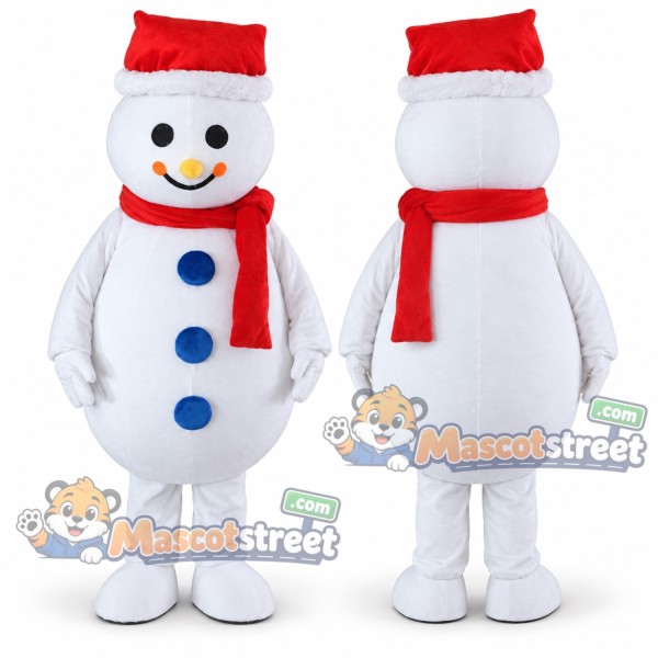 Snowman Mascot Costume with Santa Hat and Red Scarf