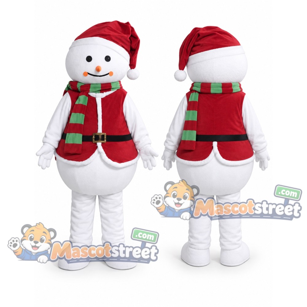 Snowman Mascot Costume with Red Vest, Plaid Scarf and Santa Hat