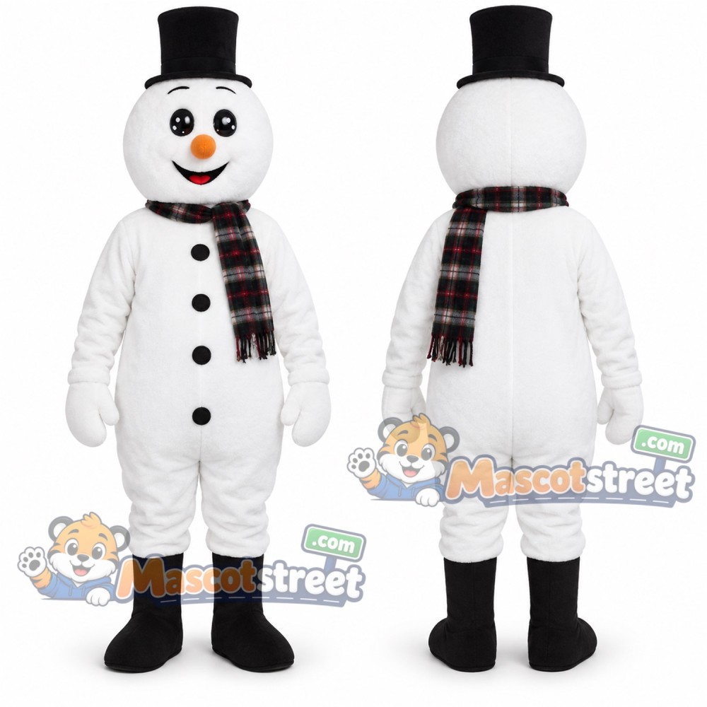Snowman Mascot Costume with Black Top Hat and Plaid Scarf