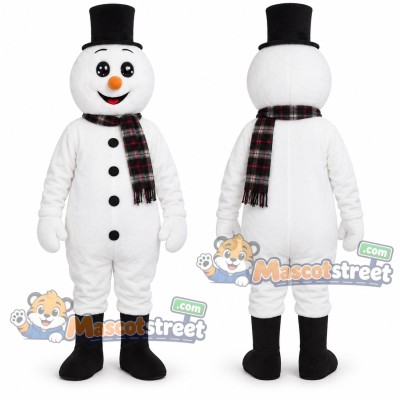 Snowman Mascot Costume with Black Top Hat and Plaid Scarf