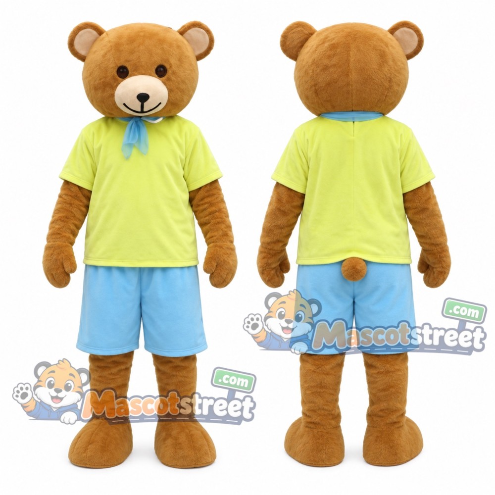Brown Bear Mascot Costume with Light Green Shirt and Light Blue Shorts Brown Bear Mascot Costume with Light Green Shirt and Light Blue Shorts