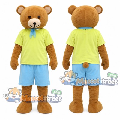 Brown Bear Mascot Costume with Light Green Shirt and Light Blue Shorts Brown Bear Mascot Costume with Light Green Shirt and Light Blue Shorts