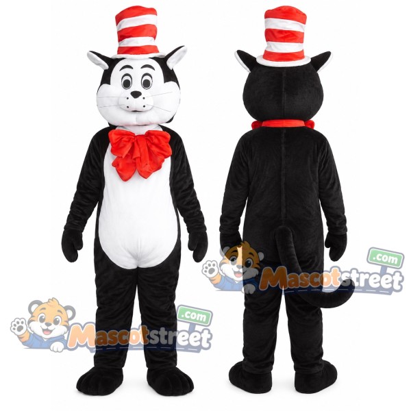Black and White Cat Mascot Costume with Red Bow Tie and Red Striped Top Hat