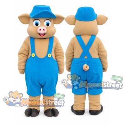 Tan Pig Mascot Costume with Blue Overalls and Blue Cap