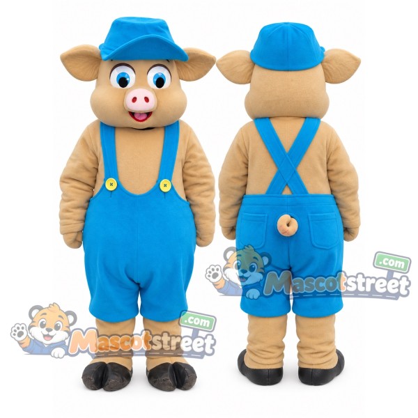 Tan Pig Mascot Costume with Blue Overalls and Blue Cap