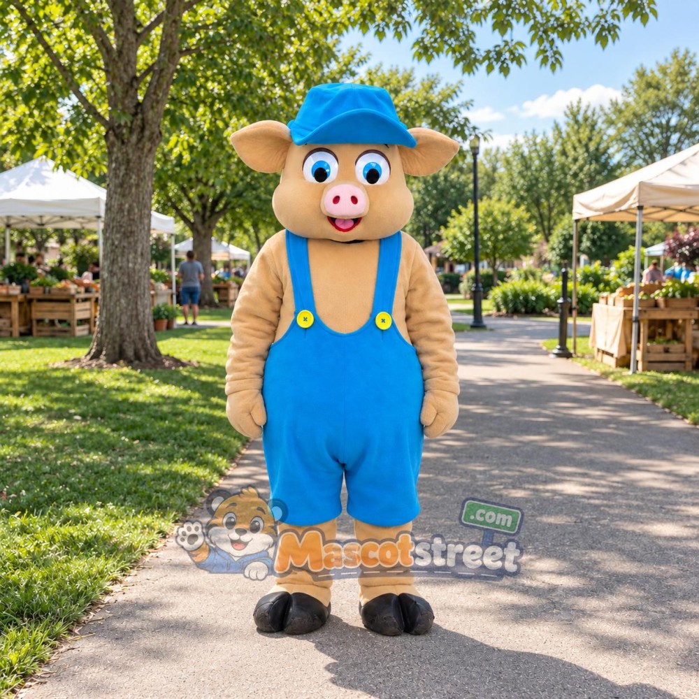 Tan Pig Mascot Costume with Blue Overalls and Blue Cap Tan Pig Mascot Costume with Blue Overalls and Blue Cap
