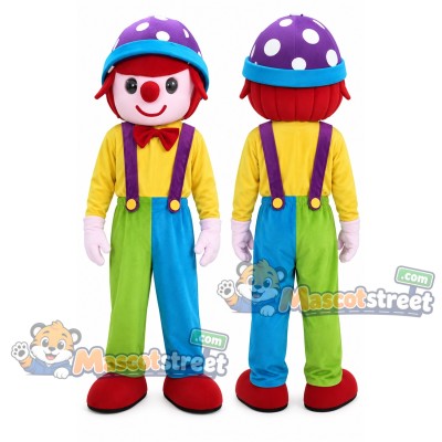 Clown Mascot Costume with Multicolor Overalls and Purple Polka Dot Hat Clown Mascot Costume with Multicolor Overalls and Purple Polka Dot Hat