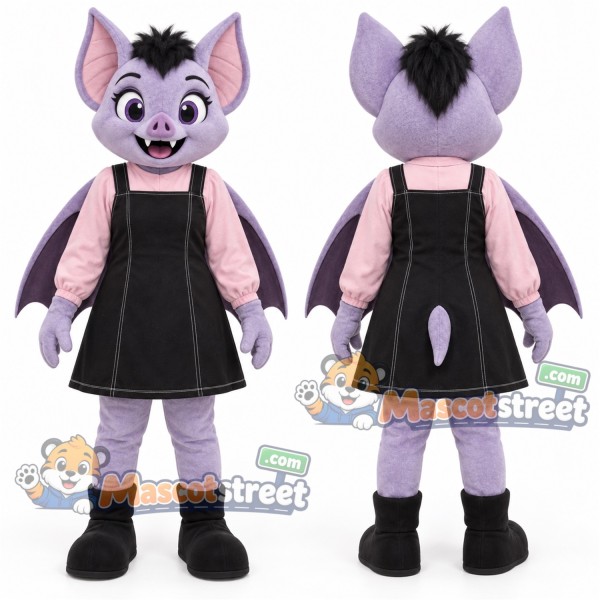 Purple Vampire Girl Mascot Costume with Black Dress and Pink Shirt