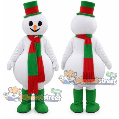 Snowman Mascot Costume with Green Top Hat and Red Scarf