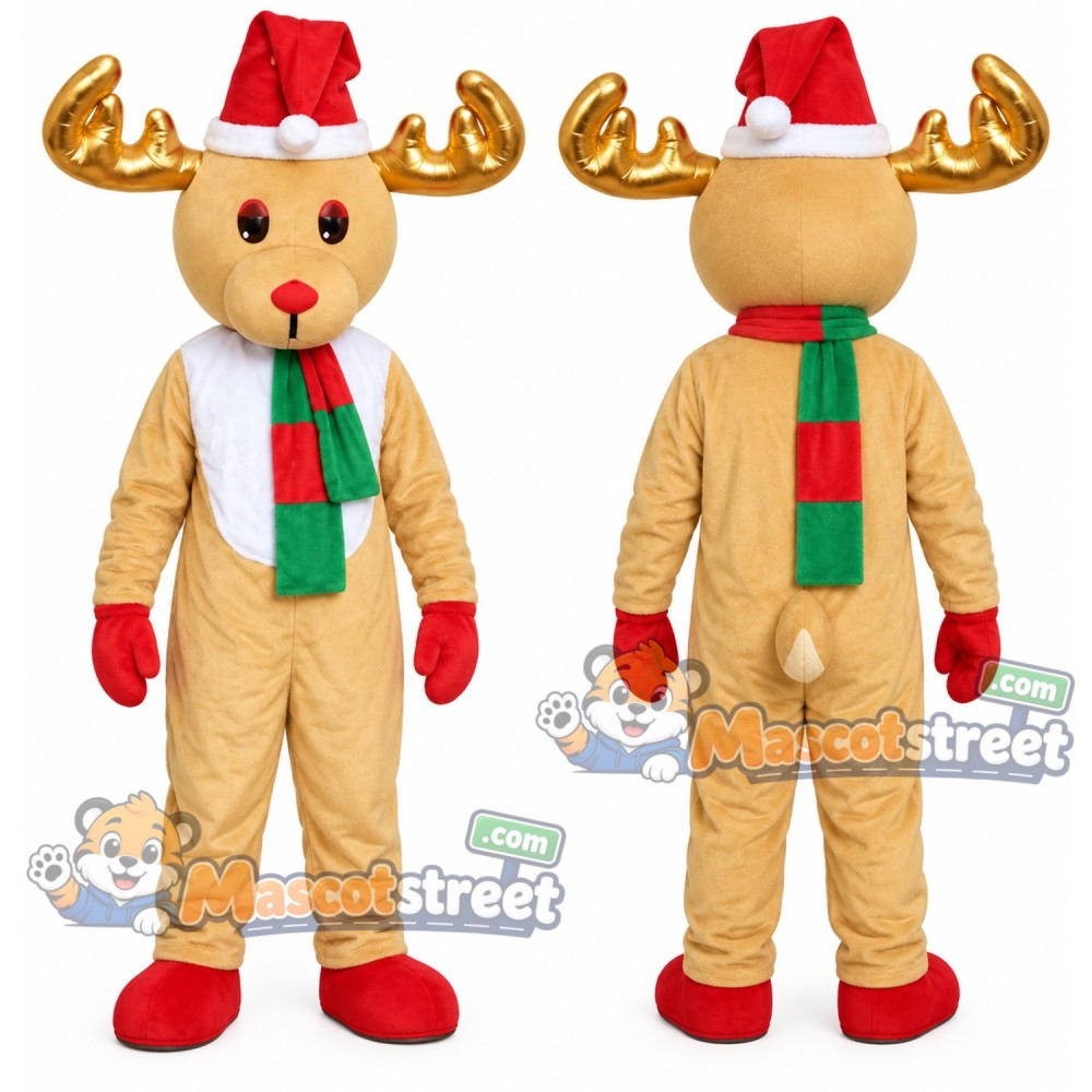 Tan Moose Mascot Costume with Santa Hat and Striped Scarf