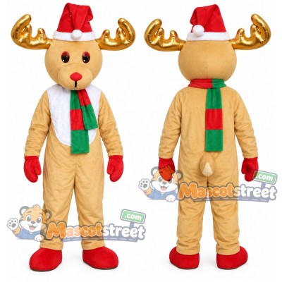 Tan Moose Mascot Costume with Santa Hat and Striped Scarf