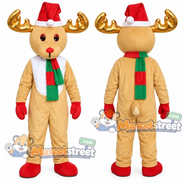 Tan Moose Mascot Costume with Santa Hat and Striped Scarf