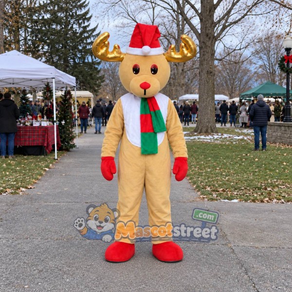 Tan Moose Mascot Costume with Santa Hat and Striped Scarf
