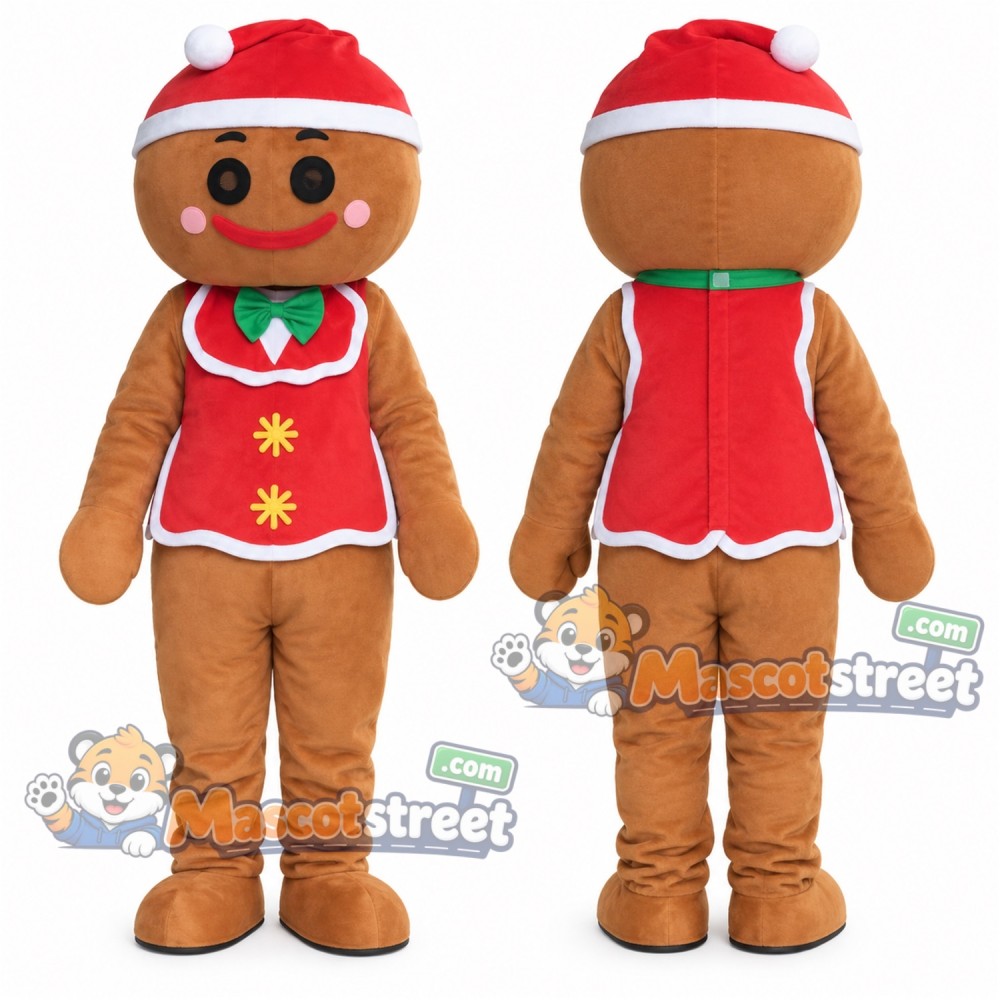 Gingerbread Man Mascot Costume with Red Vest and Santa Hat