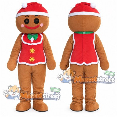 Gingerbread Man Mascot Costume with Red Vest and Santa Hat