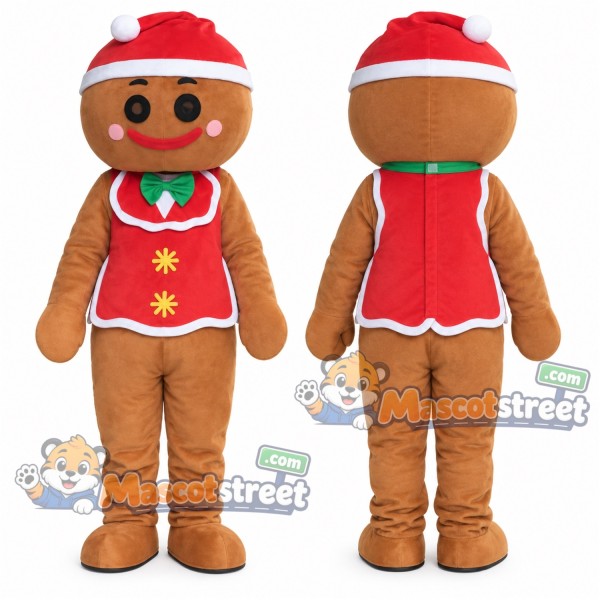 Gingerbread Man Mascot Costume with Red Vest and Santa Hat