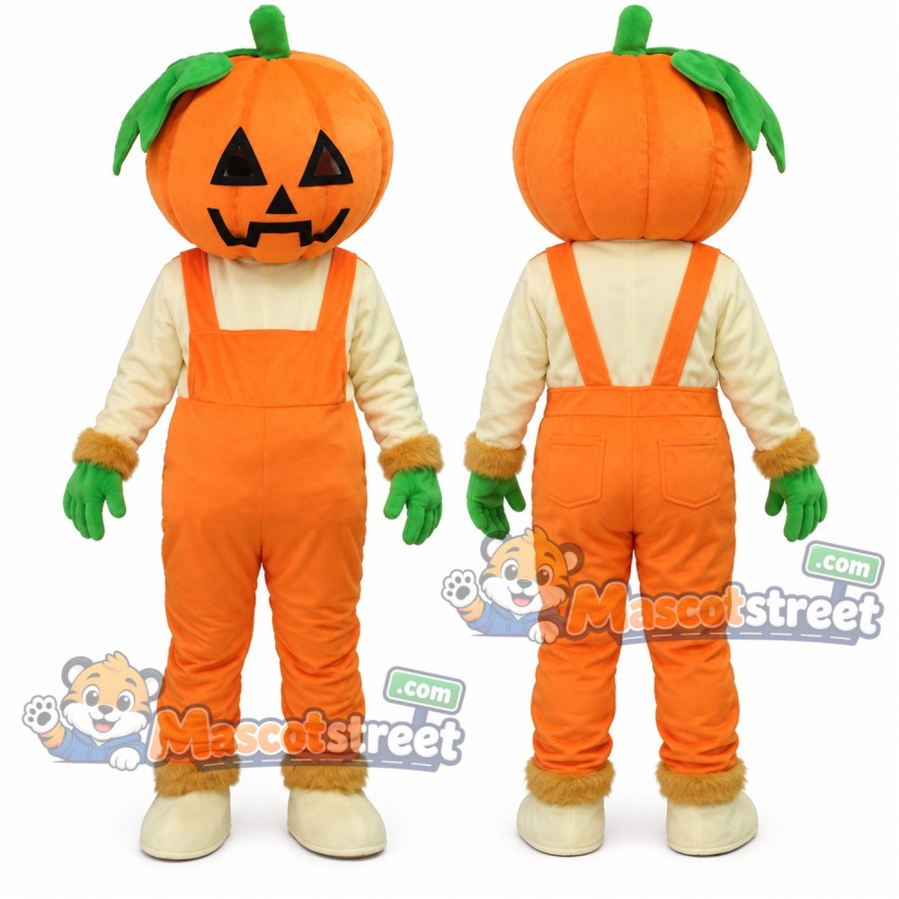 Pumpkin Mascot Costume with Orange Overalls and Cream Shirt