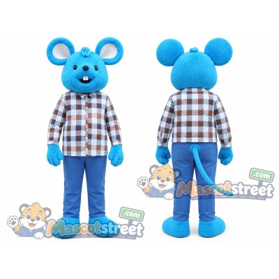 Blue Mouse Mascot Costume with Plaid Shirt and Blue Pants