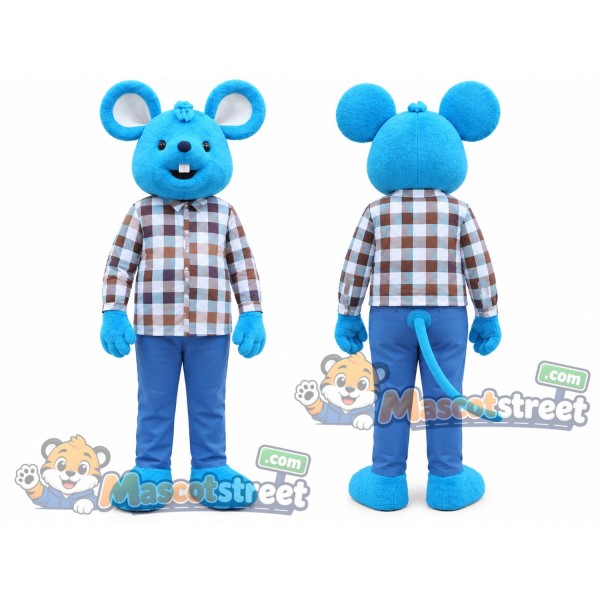 Blue Mouse Mascot Costume with Plaid Shirt and Blue Pants