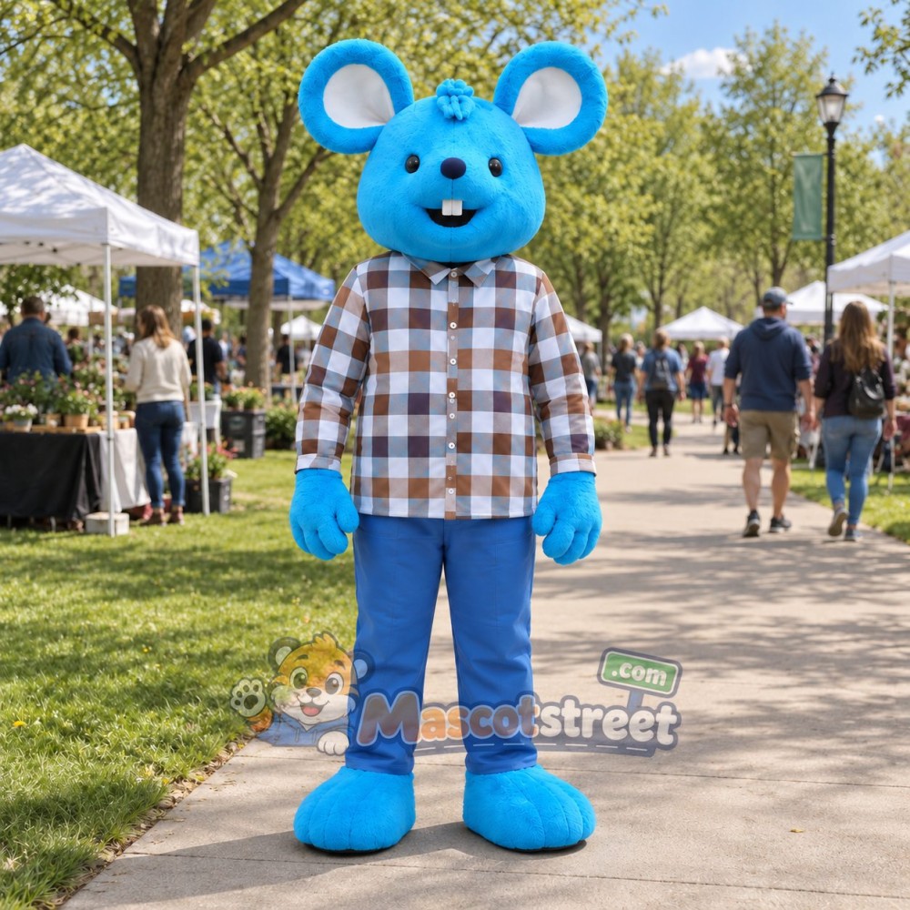 Blue Mouse Mascot Costume with Plaid Shirt and Blue Pants Blue Mouse Mascot Costume with Plaid Shirt and Blue Pants