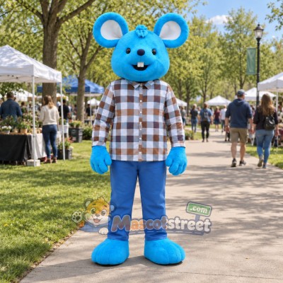 Blue Mouse Mascot Costume with Plaid Shirt and Blue Pants Blue Mouse Mascot Costume with Plaid Shirt and Blue Pants