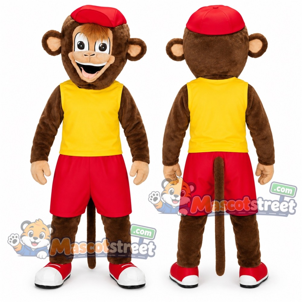 Brown Monkey Mascot Costume with Yellow Shirt, Red Shorts and Red Cap Brown Monkey Mascot Costume with Yellow Shirt, Red Shorts and Red Cap