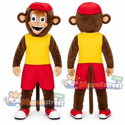 Brown Monkey Mascot Costume with Yellow Shirt, Red Shorts and Red Cap Brown Monkey Mascot Costume with Yellow Shirt, Red Shorts and Red Cap
