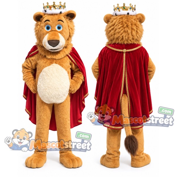 Brown Lion King Mascot Costume with Red Cape and Crown