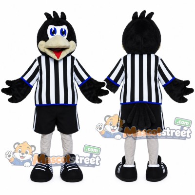 Black Bird Referee Mascot Costume with Striped Shirt and Black Shorts