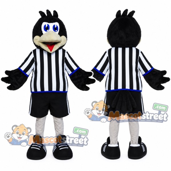 Black Bird Referee Mascot Costume with Striped Shirt and Black Shorts