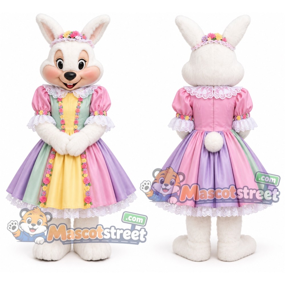 White Rabbit Mascot Costume with Pastel Dress