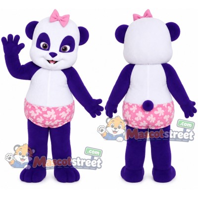 Purple and White Panda Mascot Costume with Pink Floral Shorts Purple and White Panda Mascot Costume with Pink Floral Shorts