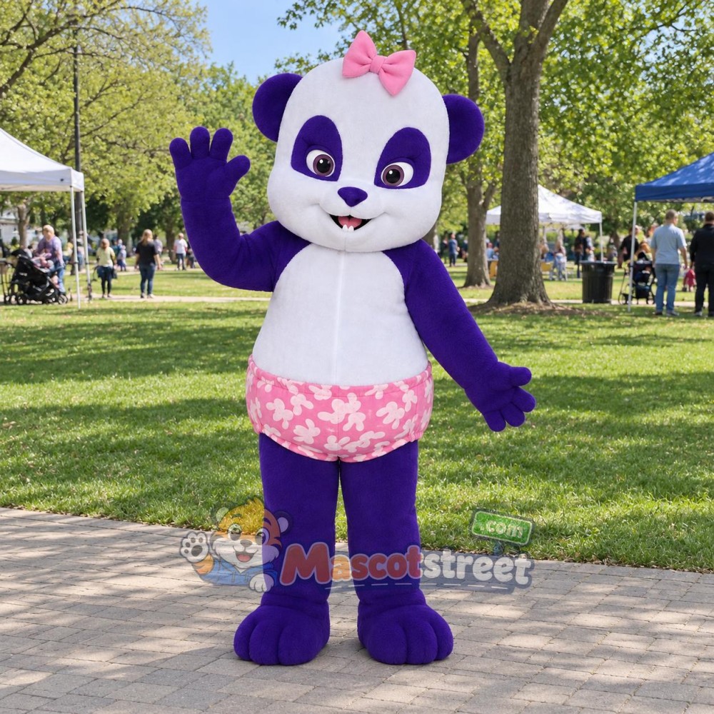 Purple and White Panda Mascot Costume with Pink Floral Shorts