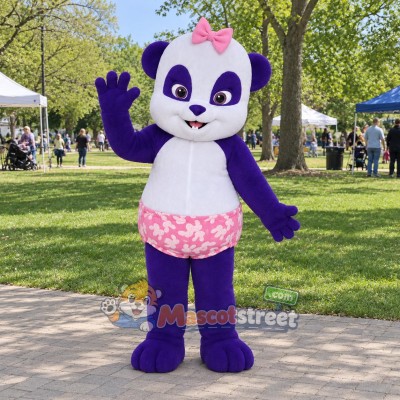 Purple and White Panda Mascot Costume with Pink Floral Shorts